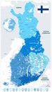 Finland Administrative Map in shades of blue and map pointers