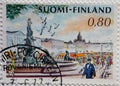 FINLAND - CIRCA 1976: A postage stamp printed in the Finland shows a cityscape of Helsinki with the sculpture and the Havis Amanda