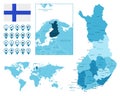 Finland detailed administrative blue map with country flag and location on the world map.