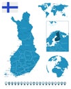 Finland - detailed blue country map with cities, regions, location on world map and globe. Infographic icons