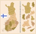 Finland - detailed map of the country in brown colors, divided into regions