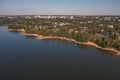 Finland Espoo. July 14, 2021. Photo from a drone on a sunny morning of the coastal part of the beach in the Gulf of Finland. Scand