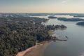 Finland Espoo. July 14, 2021. Photo from a drone on a sunny morning of the coastal part of the beach in the Gulf of Finland. Scand