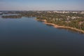 Finland Espoo. July 14, 2021. Photo from a drone on a sunny morning of the coastal part of the beach in the Gulf of Finland. Scand