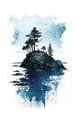 Finland, Finnish nature. Watercolor illustration of island for postcard, poster, banner. Generative AI