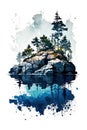 Finland, Finnish nature. Watercolor illustration of island for postcard, poster, banner. Generative AI