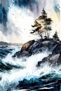 Finland, Finnish nature. Watercolor illustration of island for postcard, poster, banner. Generative AI
