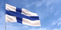 Finland flag on flagpole on blue sky background. Finnish flag fluttering in the wind against a sky with clouds. Place for text. 3d Royalty Free Stock Photo