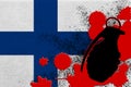 Finland flag and MK2 frag grenade in red blood. Concept for terror attack or military operations with lethal outcome