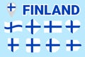 Finland flags vector collection. Set of Finnish national flags. Circle, rhomb, rectangle, arrow, heart symbols with text. Vector i