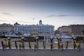 Finland, Helsinki city center in the evening. Bicycles and pleasure boats on the background of the cityÃ¢â¬â¢s architecture in  Port Royalty Free Stock Photo