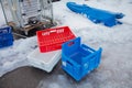 Finland, Helsinki, February 26, 2021 Red and blue food carry boxes,