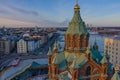 Finland, Helsinki. February 27. View of the Assumption Cathedral, the red church. , photo from drone.