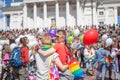 Finland, Helsinki, June 30, 2018, a lesbian couple against a background of pride and crowd. Human rights, equality, festival
