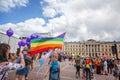 Finland, Helsinki, June 30, 2018, people with rainbow flags in t