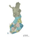 Finland higt detailed map with subdivisions. Administrative map of Finland with districts and cities name, colored by states and