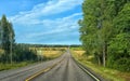 Summer highway, yellow fields with trees on the sides of the road