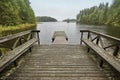 Finland landscape with lake, forest and wooden dock. Nature