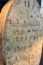 Sami writings on Sami traditional drum face in Lapland, Finland