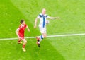 Finland midfielder Joni Kauko against Russia midfielder Aleksandr Golovin during EURO 2020 match Finland vs Russia 0-1 Royalty Free Stock Photo