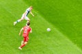 Finland national football team full-back Jere Uronen against Russia striker Alexey Miranchuk during EURO 2020 match Finland vs