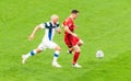 Finland national football team striker Teemu Pukki against Belgium centre-back Thomas Vermaelen during EURO 2020 match Finland vs