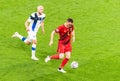 Finland national football team striker Teemu Pukki against Belgium centre-back Thomas Vermaelen during EURO 2020 match Finland vs