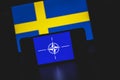 Finland and Sweden and Russian flags on Europe map. NATO flag in background