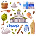 Finland Symbol and Attribute with Saint Nicholas Cathedral and Bath Broom Vector Set