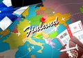 Finland travel concept map background with planes, tickets. Visit Finland travel and tourism destination concept. Finland flag on