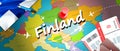 Finland travel concept map background with planes, tickets. Visit Finland travel and tourism destination concept. Finland flag on