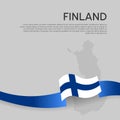 Finland wavy flag and mosaic map on white background. Finland flag wavy ribbon. National poster design. State finnish patriotic Royalty Free Stock Photo