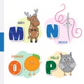 Finnish alphabet. Roe, Needle, Orange, Owl. Vector letters and characters.