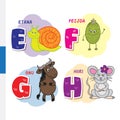Finnish alphabet. Snail, feijoa, wildebeest, mouse. Vector letters and characters.