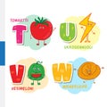 Finnish alphabet. Tomato, Lightning, Watermelon, Viennese. Vector letters and characters.