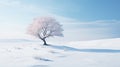 Finnish alpine landscape with frozen tree at sunrise, long exposure, soft colors, magical feeling of romantic winter