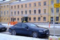 Finnish car with sign Taxi waits for passengers on street of Helsinki city, public transport concept used to transport passengers