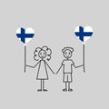 finnish children, love Finland sketch, girl and boy with a heart shaped balloons, black line vector illustration