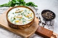 Finnish Creamy Fish Soup with Salmon and Potatoes. Gray background, top view