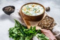 Finnish Creamy Fish Soup with Salmon and Potatoes. Gray background, top view