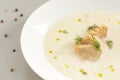 Finnish creamy soup with wild salmon. A bowl of creamy soup with salmon. Healthy food. Close up