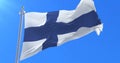 Finland flag waving at wind with blue sky, loop