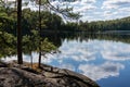 Finnish lake view landscape in summer with the reflection on lake and clouds in the sky. Royalty Free Stock Photo