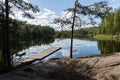 Finnish lake view landscape with a wooden pier in summer with the reflection on lake and clouds in the sky. Royalty Free Stock Photo