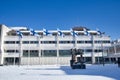 finnish national flags on the wind against the town hall, Lappeenranta Finland