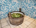 Finnish sauna interior, classic wooden sauna, Russian sauna, sauna accessories in a village bath. SPA concept Royalty Free Stock Photo