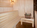 Finnish sauna interior, classic wooden sauna, Russian sauna, sauna accessories in a village bath. SPA concept Royalty Free Stock Photo