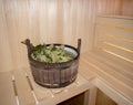 Finnish sauna interior, classic wooden sauna, Russian sauna, sauna accessories in a village bath. SPA concept Royalty Free Stock Photo