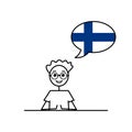 finnish speaking cartoon boy with speech bubble in flag of Finland colors, male character learning finnish language