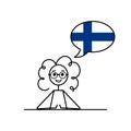 finnish speaking cartoon girl with speech bubble in flag of Finland colors, female character learning finnish language